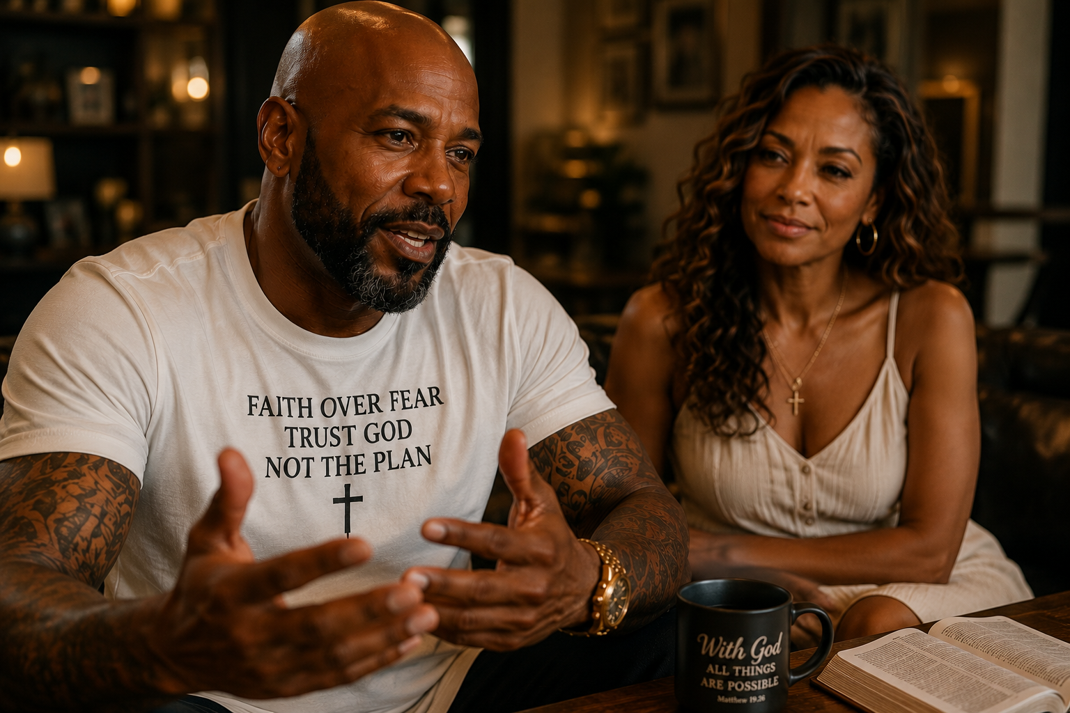 Marcus McClain talking at a table beside Ava, an open Bible in front of them