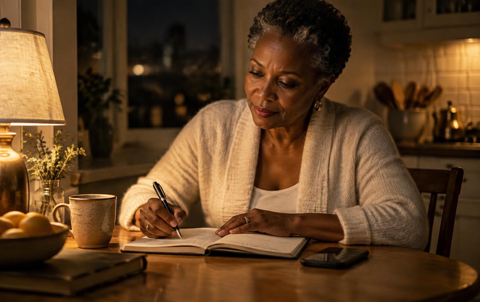 An African American woman in her fifties writing in a notebook late at night by lamplight, phone beside her, determined and at peace